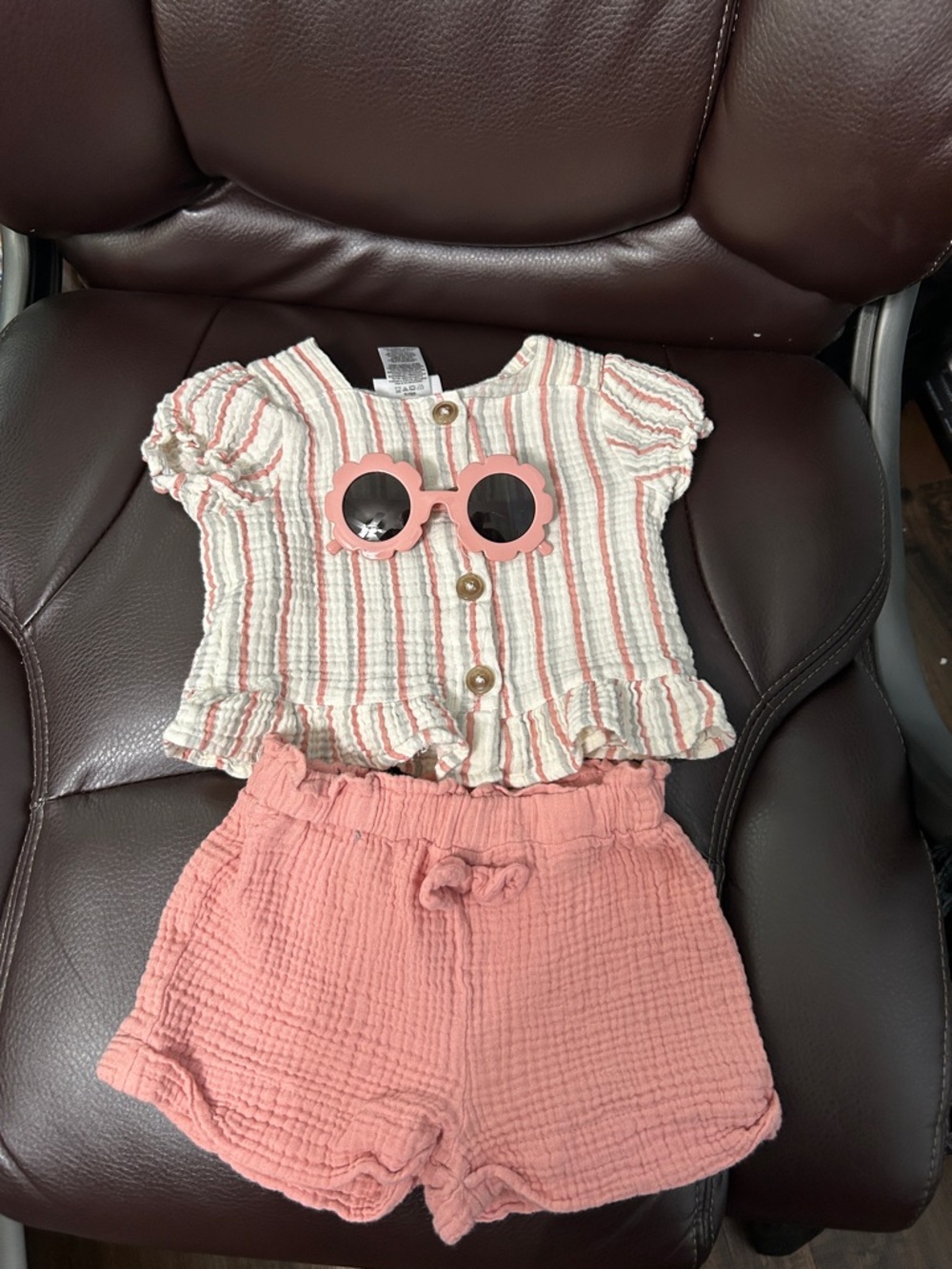 Little Lass Cream Top with Pink and Gray Stripes and Buttons and sunglasses